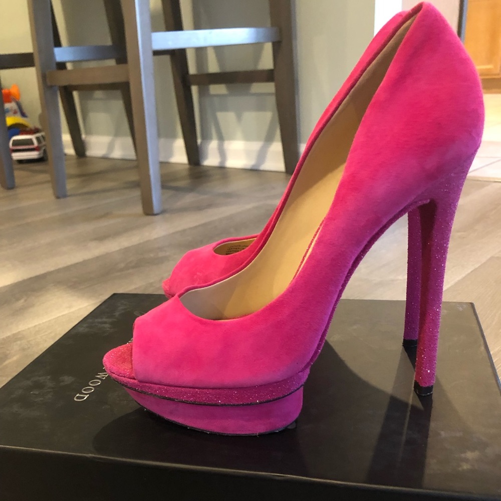 COPY - Brian Atwood bright pink suede platform pumps